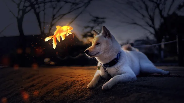 Un shiba et son compagnon le poisson
